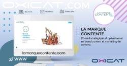 Un visuel promotionnel de La Marque Contente montre un écran d'ordinateur affichant leur site web, avec le texte Conseil stratégique et opérationnel en brand content et marketing de contenu et l'adresse du site web lamarquecontente.com.
