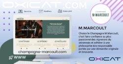 Graphique promotionnel pour le Champagne M. Marcoult avec le site web sur un écran d'ordinateur, le logo et une description en français du champagne éco-responsable et innovant de vignerons passionnés. Lien vers le site web et éléments décoratifs inclus.