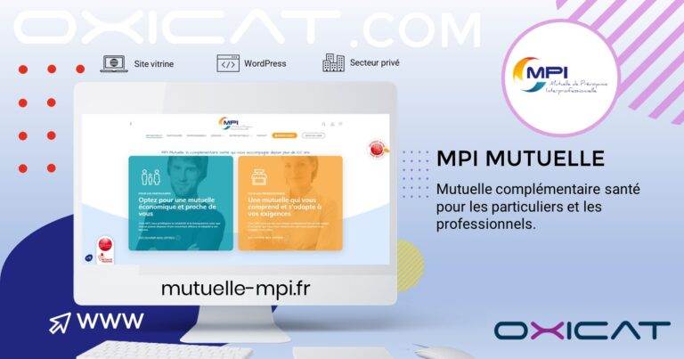 Un écran d'ordinateur affiche le site Internet de MPI Mutuelle. Le texte est le suivant : "MPI Mutuelle : Mutuelle complémentaire santé pour les particuliers et les professionnels". Le logo et l'adresse du site sont également visibles.