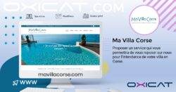 Un graphique promotionnel pour Ma Villa Corse présente un écran d'ordinateur montrant une villa au bord de la piscine, avec un texte offrant des services de gestion immobilière en Corse. Les logos de WordPress, du secteur privé et les détails du site web sont également inclus.