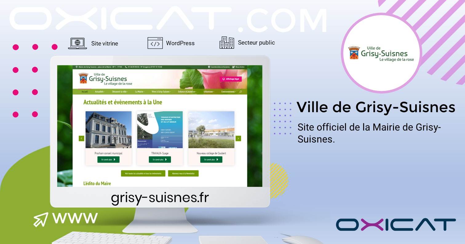 Graphique numérique représentant le site officiel de la Ville de Grisy-Suisnes sur un écran d'ordinateur, avec les logos de WordPress et du Secteur public, et l'adresse web grisy-suisnes.fr sur un fond moderne et coloré.
