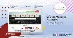 Graphique promotionnel pour le site officiel de Mandres-les-Roses, montrant un écran d'ordinateur avec la page d'accueil, l'URL du site, le logo de la ville et la marque Oxicat. Le texte souligne qu'il s'agit du site de la mairie.