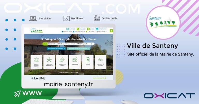 Capture d'écran de la page d'accueil du site officiel de la Ville de Santeny sur un écran d'ordinateur, avec le logo, les icônes de navigation et mairie-santeny.fr en surbrillance sur un fond bleu et blanc.