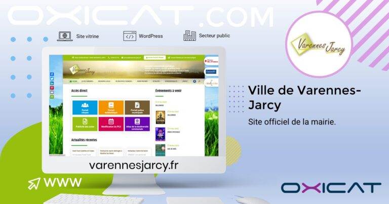 Un écran d'ordinateur affiche le site officiel de Varennes-Jarcy, avec des tuiles de navigation colorées. Le logo de Varennes-Jarcy et le texte Site officiel de la mairie apparaissent à droite. L'URL varennesjarcy.fr est affichée.