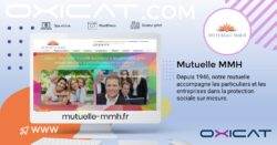 Un graphique promotionnel pour la Mutuelle MMH présente une capture d'écran du site web, le logo de la société et un texte décrivant ses services pour les particuliers et les entreprises depuis 1946. Le design utilise des couleurs pastel et inclut l'URL du site web : mutuelle-mmh.fr.
