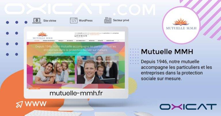 Un graphique promotionnel pour la Mutuelle MMH présente une capture d'écran du site web, le logo de la société et un texte décrivant ses services pour les particuliers et les entreprises depuis 1946. Le design utilise des couleurs pastel et inclut l'URL du site web : mutuelle-mmh.fr.