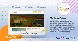 Un graphique promotionnel pour MyEasyFarm montre un bureau avec le site web et le logo de MyEasyFarm, ainsi qu'une description en français de l'aide apportée aux agriculteurs pour qu'ils prennent de meilleures décisions et améliorent leur efficacité tout en préservant l'environnement.