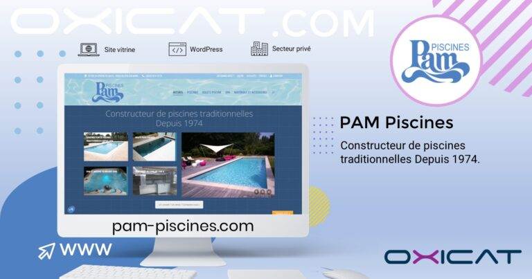 Un graphique numérique montre un écran d'ordinateur avec le site web de PAM Piscines. Le texte présente PAM Piscines comme un constructeur de piscines traditionnelles depuis 1974. L'URL du site et les logos sont également visibles, avec un design moderne et bleu.