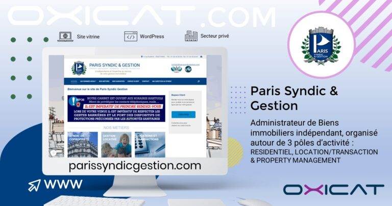 Une bannière promotionnelle numérique pour Paris Syndic & Gestion, présentant leur site web sur un écran d'ordinateur, le logo de la société et les coordonnées de contact. Les services proposés sont la gestion immobilière, la location et la transaction.