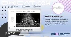 Un graphique numérique fait la promotion du photographe Patrick Philippo. Il présente un écran de bureau avec sa photo de la fontaine de Paris en noir et blanc, les détails de son site Web et un texte le décrivant comme un photographe professionnel basé à Paris pour les entreprises et les collectivités.