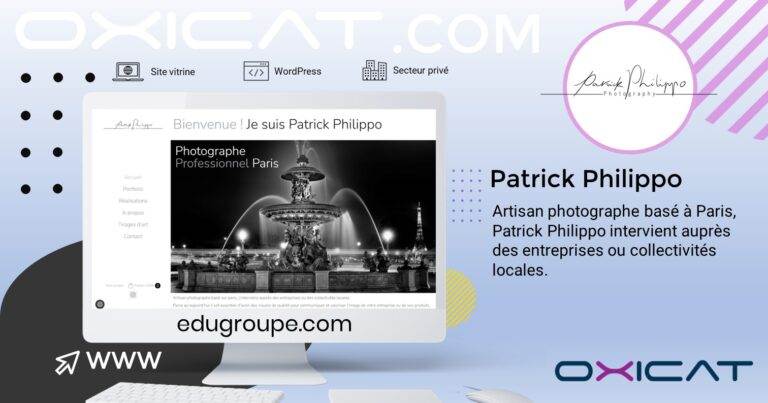 Un graphique numérique fait la promotion du photographe Patrick Philippo. Il présente un écran de bureau avec sa photo de la fontaine de Paris en noir et blanc, les détails de son site Web et un texte le décrivant comme un photographe professionnel basé à Paris pour les entreprises et les collectivités.