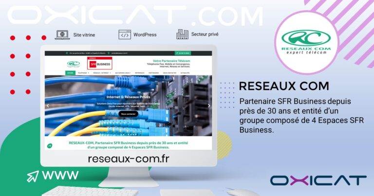Graphique numérique représentant le site web de RESEAUX COM sur un écran, mettant l'accent sur son partenariat avec SFR Business depuis 30 ans. Elle comprend des logos, des câbles de réseau et des informations sur l'entreprise, avec un design moderne et des accents pastel.