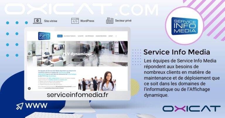 Une publicité numérique pour Service Info Media montrant un site web sur un écran de bureau, le logo de l'entreprise et un texte décrivant ses services informatiques et de signalisation numérique, avec les coordonnées de contact et un design moderne bleu et violet.