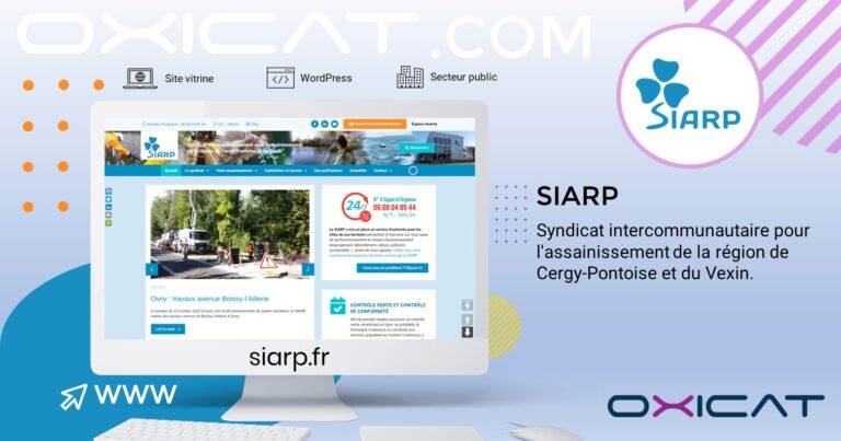 Un écran d'ordinateur affiche la page d'accueil du site Internet du SIARP. Le logo et le texte du SIARP le décrivent comme un syndicat intercommunal d'assainissement de la région de Cergy-Pontoise et du Vexin. L'arrière-plan est composé de graphiques colorés.