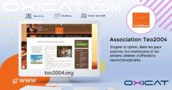 Un écran d'ordinateur affiche le site web Teo2004.org, consacré aux soins de santé pour les enfants atteints de maladies neurologiques dans les pays pauvres. L'arrière-plan présente la marque OXICAT, des icônes web et le logo Teo2004.org. Un texte en français est visible.