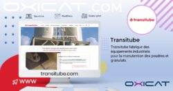 Un graphique promotionnel pour Transittube montre leur site web sur un écran d'ordinateur, mettant en valeur leur équipement pour la manipulation des poudres et des granulés. L'arrière-plan comprend des éléments de marque et une brève description de l'entreprise en français.