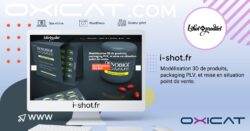 Un écran d'ordinateur affiche le site web i-shot.fr qui présente la modélisation de produits en 3D et l'emballage. L'arrière-plan comprend des logos, du texte et des graphiques promouvant OXICAT et les services de modélisation 3D d'i-shot.fr.