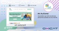 Un écran d'ordinateur affiche le site web de A4-autisme, une association de soutien aux personnes autistes et à leurs familles. L'arrière-plan comporte des logos, des formes colorées et l'adresse web a4-autisme.fr.