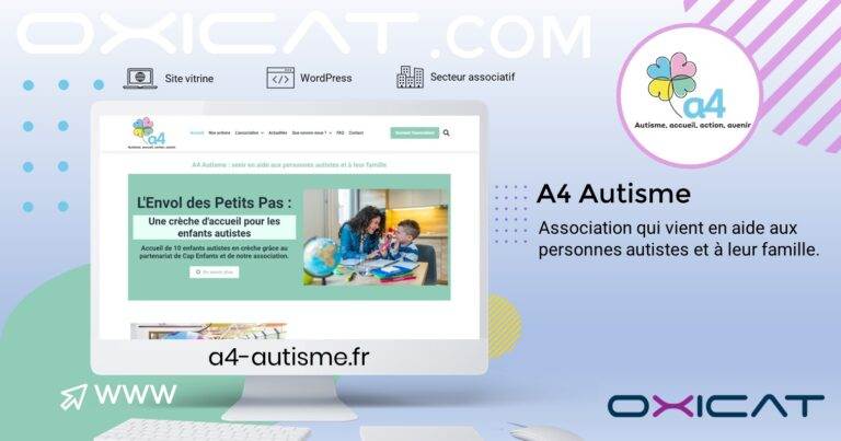 Un écran d'ordinateur affiche le site web de A4-autisme, une association de soutien aux personnes autistes et à leurs familles. L'arrière-plan comporte des logos, des formes colorées et l'adresse web a4-autisme.fr.
