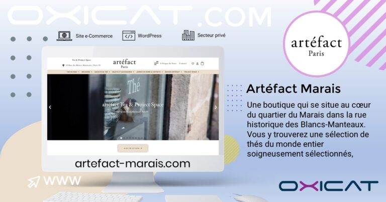 Un graphique numérique montre un écran de bureau affichant le site web Artefact Marais. Le texte décrit Artefact Marais comme une boutique parisienne proposant des articles sélectionnés. L'arrière-plan présente des formes géométriques pastel et des éléments de marque.