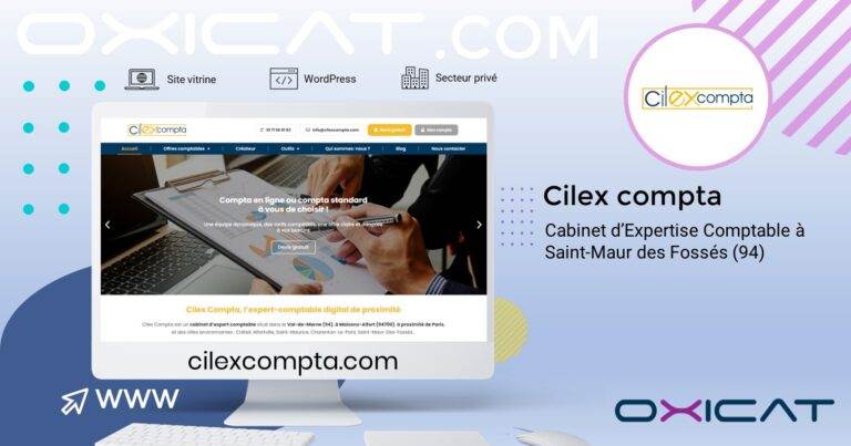 Capture d'écran du site Internet de Cilex Compta sur un ordinateur portable, affichant la page d'accueil du cabinet d'expertise comptable. Le texte indique "Cilex Compta, Cabinet d'Expertise Comptable à Saint-Maur des Fossés (94), cilexcompta.com".