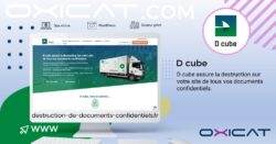 Un graphique représentant le logo de D-Cube, un écran d'ordinateur affichant le site web de D-Cube avec un camion, et le texte suivant : "D-Cube assure la destruction de documents confidentiels sur votre site : D-Cube assure la destruction de documents confidentiels sur votre site.