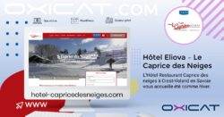 Graphique promotionnel pour l'hôtel Eliova Caprice des Neiges à Crest-Voland, en Savoie, comprenant une capture d'écran du site web, le logo de l'hôtel, des informations de contact et des graphiques sur le thème de l'hiver avec un paysage enneigé sur un écran d'ordinateur.