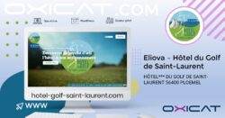 Un graphique promotionnel pour Eliova Hôtel du Golf Saint-Laurent présente un ordinateur affichant le site web de l'hôtel, le logo de l'hôtel et les coordonnées, sur un fond bleu, blanc et violet.