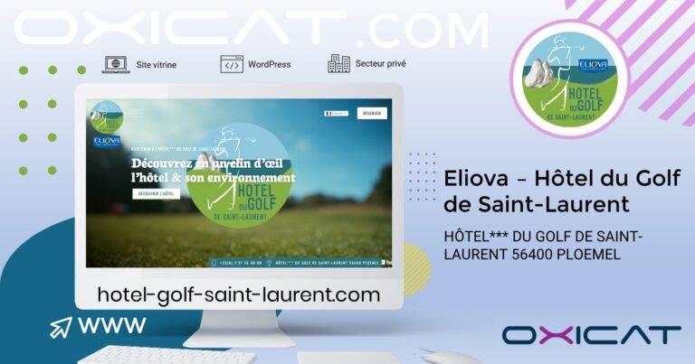 Un graphique promotionnel pour Eliova Hôtel du Golf Saint-Laurent présente un ordinateur affichant le site web de l'hôtel, le logo de l'hôtel et les coordonnées, sur un fond bleu, blanc et violet.