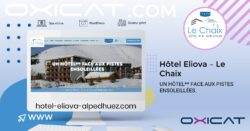 Maquette de site web pour Eliova Hôtel le Chaix à l'Alpe d'Huez, présentant un hôtel de montagne enneigé, le texte UN HÔTEL** FACE AUX PISTES ENSOLEILLÉES, et les détails du site web sur un fond clair et moderne avec des graphiques élégants.