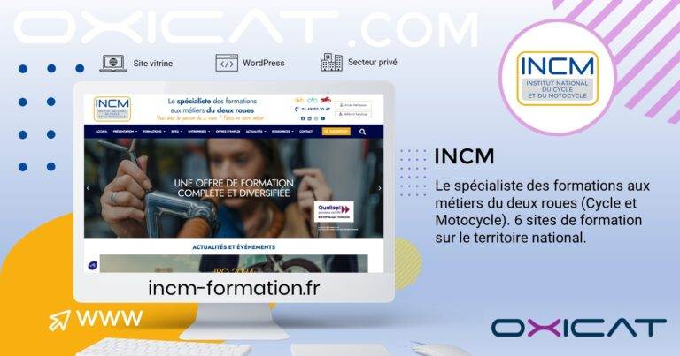 Une infographie présentant le site internet d'INCM Formation sur un écran d'ordinateur, avec un texte décrivant l'INCM comme spécialiste de la formation aux métiers du vélo et de la moto, et six sites de formation à travers la France.