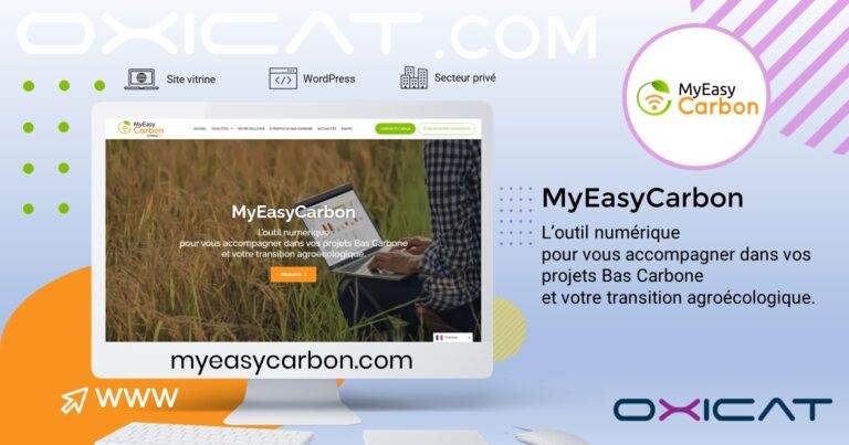 Un graphique numérique met en évidence le site web de MyEasyCarbon sur un écran, avec un texte qui présente MyEasyCarbon comme un outil soutenant les projets à faible émission de carbone et les transitions agroécologiques. Le logo est affiché à côté d'un texte français détaillé.
