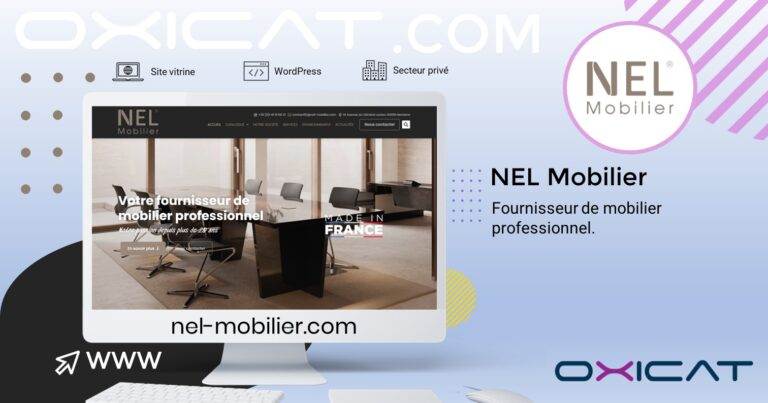 Un écran d'ordinateur affiche le site web de Nel mobilier avec un mobilier de bureau moderne. Le texte indique Votre fournisseur de mobilier professionnel et nel-mobilier.com, ainsi que des logos et des informations sur WordPress, le secteur privé et la création de sites.