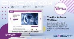 Graphique promotionnel présentant le site Internet du Théâtre Antoine Watteau sur un écran d'ordinateur, mettant en avant l'ouverture du théâtre, avec Oxicat, WordPress et différents logos sectoriels sur un fond bleu et violet.