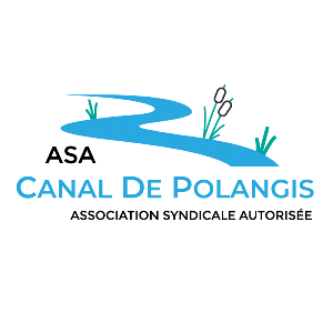 Logo de l'ASA du Canal de Polangis représentant un canal bleu sinueux avec des roseaux et de l'herbe, les mots ASA du Canal de Polangis et le sous-titre Association Syndicale Autorisée en dessous.