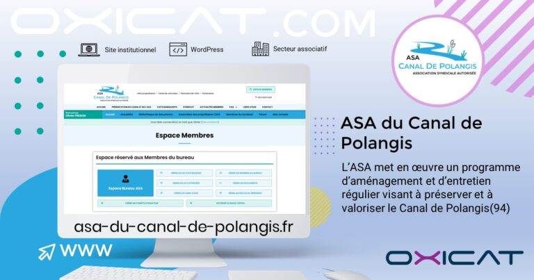 Un graphique numérique affiche le site web de l'ASA du Canal de Polangis sur un écran d'ordinateur, avec un texte descriptif de ses activités, son adresse web et ses logos sur un fond abstrait blanc et violet.